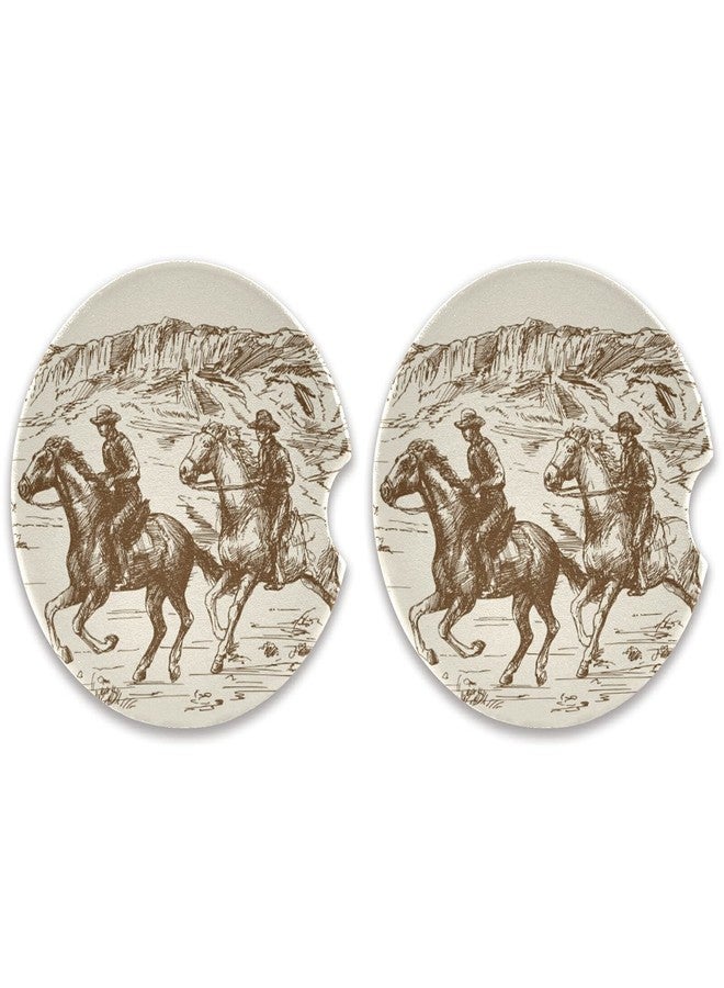 xigua Absorbent Car Coasters 2 Pack, Ceramic Coaster with Cork Back and Finger Slot, Western Desert Cowboy Car Cup Coasters 2.56" - Image 1