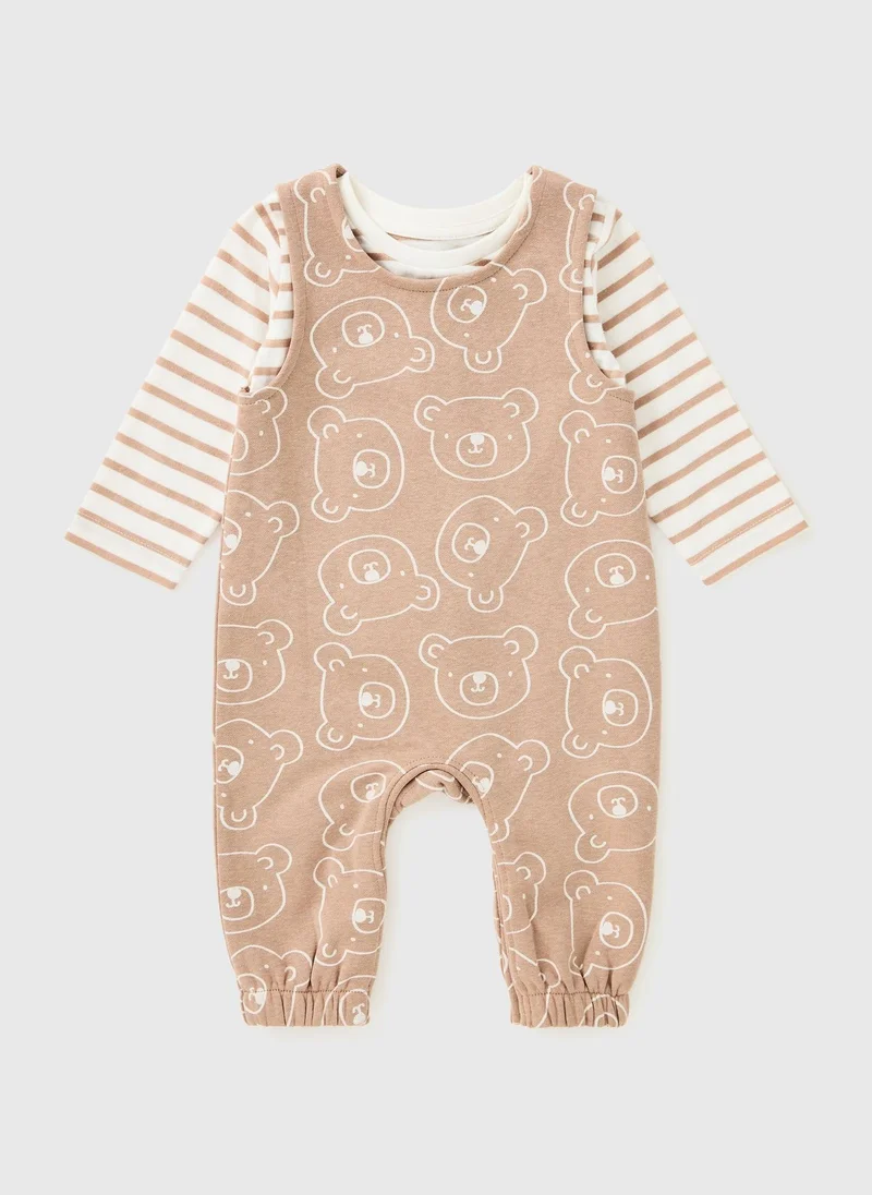 ماتلان Baby Brown Bear Print Top & Dungaree Set