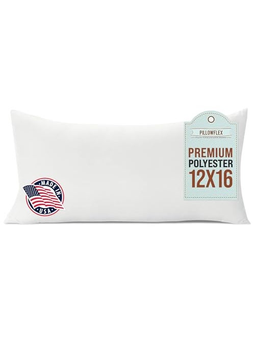 PILLOWFLEX Pillowflex Premium Polyester Throw Pillow Insert  12x16  Ultra Soft Large Rectangle Throw Pillow Couch Sham Lumbar Back Sofa  Machine Washable  Decorative Accent Form  1 Soft Pillow 
