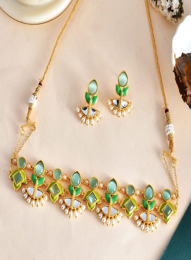 VOYLLA Forever More Lotus Choker Necklace Set For Women|Ethnic Women Short Necklace Sets|Gift For Women |Women's Gift|Valentine Gift| - Image 2