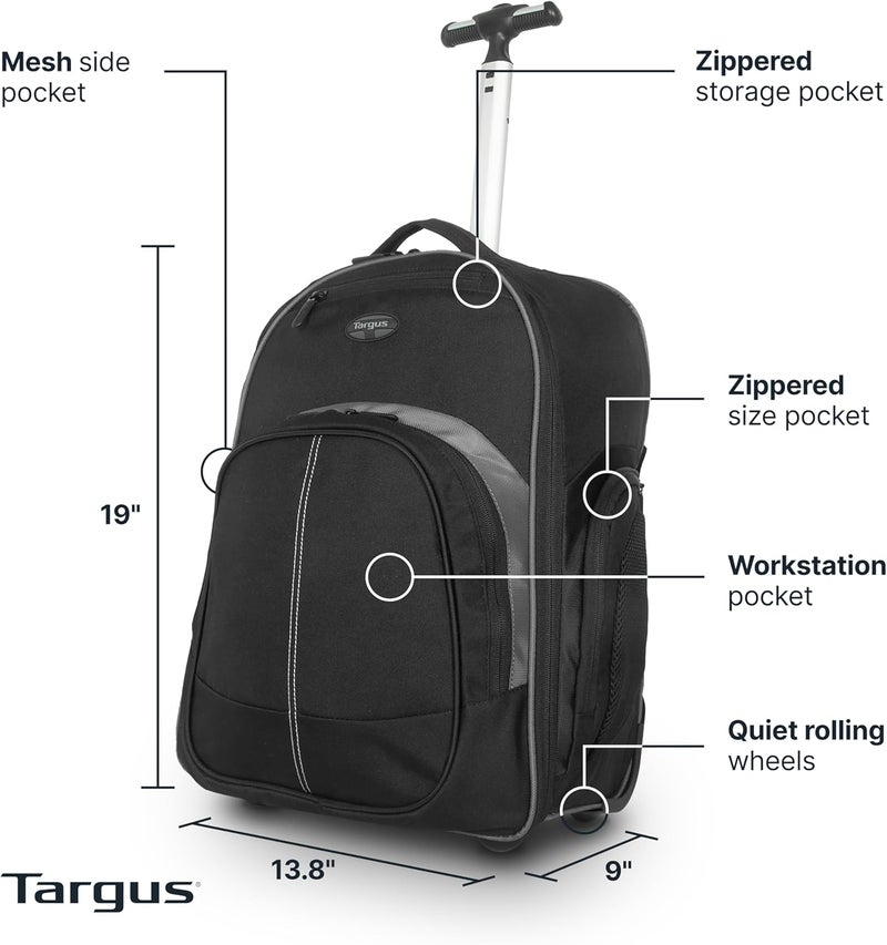 targus 16 Inch Compact Rolling Backpack, Black - Wheeled Travel Bag, Fits Laptops Up to 16” and MacBook Pros up to 17” (TSB750US) - Image 2