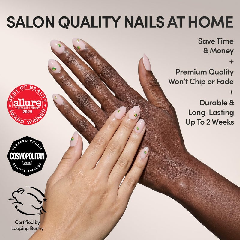 Glamnetic Press On Nails - Tipsy Olive | Short Oval Fake Nails with Olive Graphics on Sheer Base in Glossy Finish, Salon Quality | 15 Sizes - 30 Nail Kit with Glue - Image 2