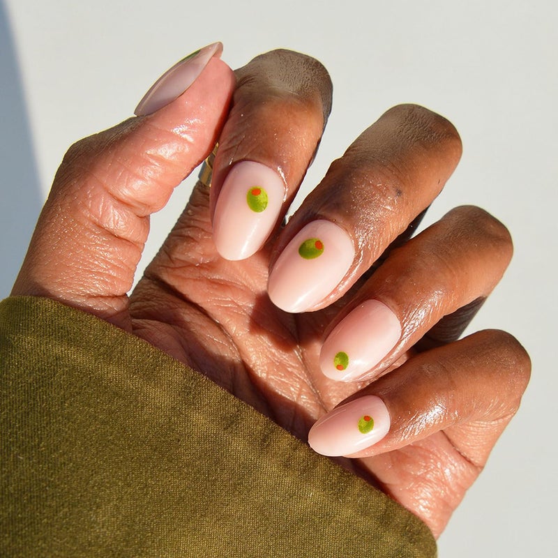Glamnetic Press On Nails - Tipsy Olive | Short Oval Fake Nails with Olive Graphics on Sheer Base in Glossy Finish, Salon Quality | 15 Sizes - 30 Nail Kit with Glue - Image 1