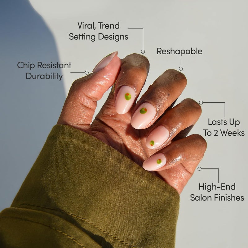 Glamnetic Press On Nails - Tipsy Olive | Short Oval Fake Nails with Olive Graphics on Sheer Base in Glossy Finish, Salon Quality | 15 Sizes - 30 Nail Kit with Glue - Image 3