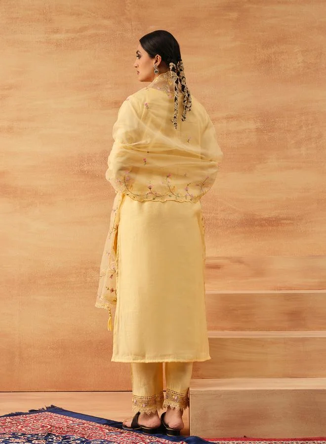 ISHIN Women's Yellow Roman Silk Embroidered Tunic Top With Ankle Palazzo Straight 3 Peice Kurta Set