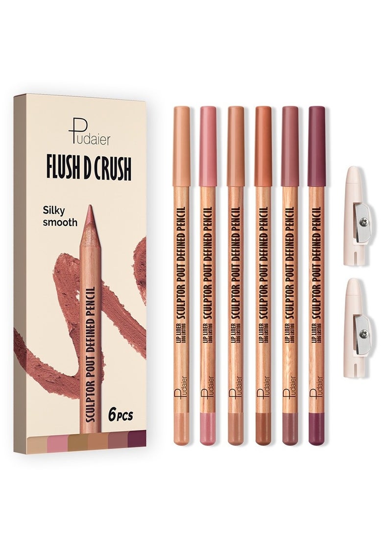 pudaier Lip Liner Set, 6 Pcs, Pure Natural Oak Brown Pink Red Series Lip Liners, Smooth and High Pigmented Lip Makeup Pencil - Image 1