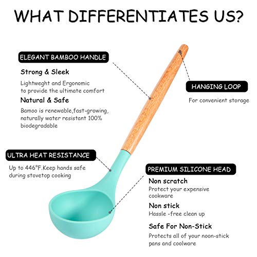 MIBOTE Silicone Cooking Kitchen Utensils Set with Holder, Wooden Handles Cooking Tool BPA Free Turner Tongs Spatula Spoon Kitchen Gadgets Set for Nonstick Cookware (Teal) - Image 3