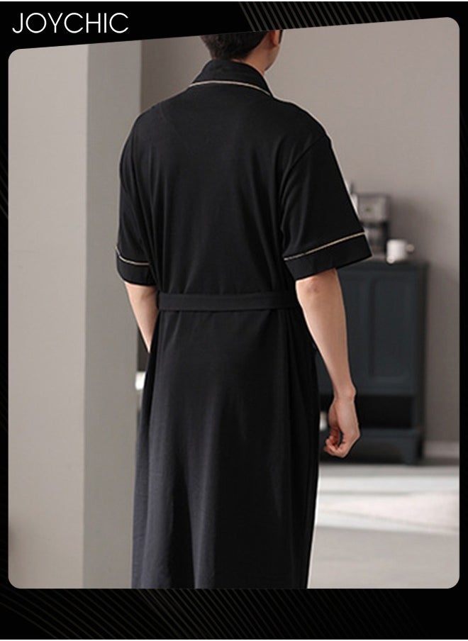 Joychic - Japanese Style Men Pure Cotton Pajamas Simple Leisure Male Short-sleeved All-in-one Loose Breathable Sleep Robe with Adjustbale Belt for Spring and Summer Autumn Black - Image 1