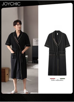 Joychic Japanese Style Men Pure Cotton Pajamas Simple Leisure Male Short-sleeved All-in-one Loose Breathable Sleep Robe with Adjustbale Belt for Spring and Summer Autumn Black  - Image 1