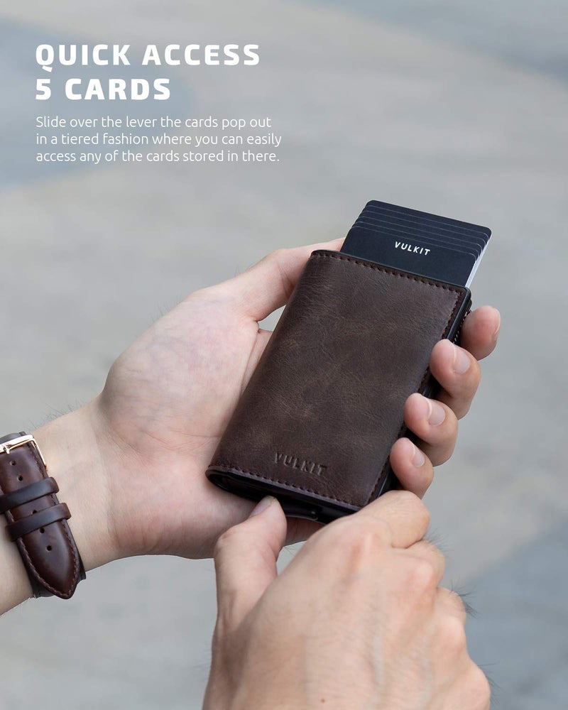 VULKIT VULKIT Card Holder Pop Up Slim Wallet Leather RFID Blocking Card Case Up to 8 Credit Cards Espresso  - Image 2