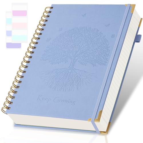 Amanple Spiral Notebook, College Ruled Notebook, A5, 300 Pages Leather Journals for Writing, 5.7" x 8.5", Hardcover Journaling Notebooks for Work School, 24pcs Tabs, Large Embossed Journal for Women Men, Blue - Image 1