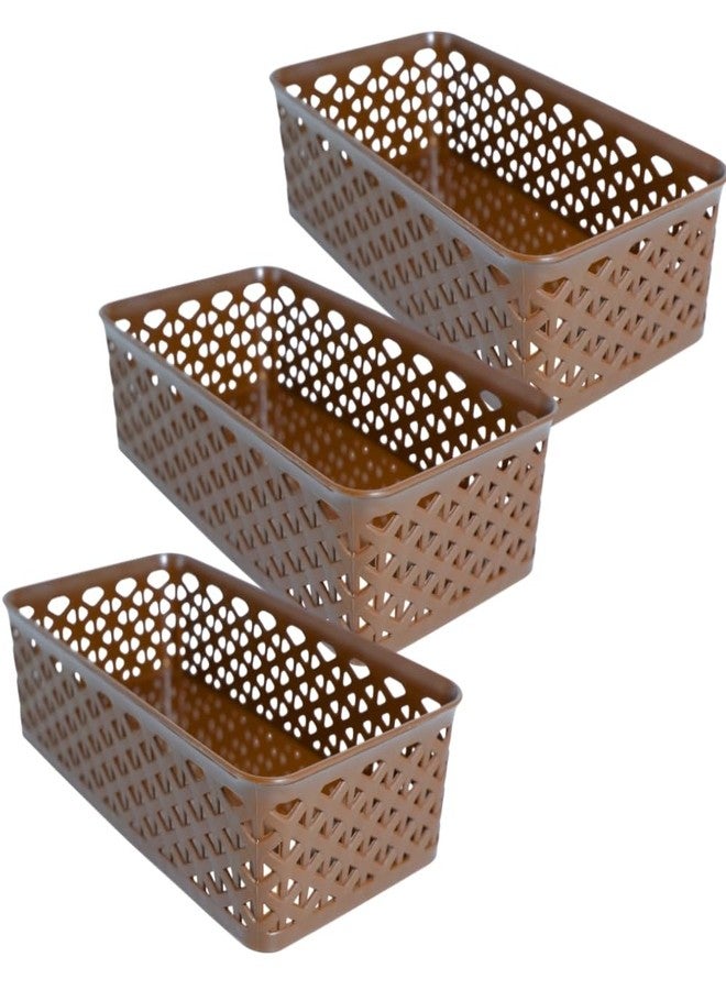 Simply Home Libra -1 Multi-Purpose Plastic Storage Basket|Stackable Organizer Tokri For Home,Kitchen,Bathroom & Office|Ideal For Toys,Clothes,Cosmetics,Stationery|Set Of 3|Brown - Image 1