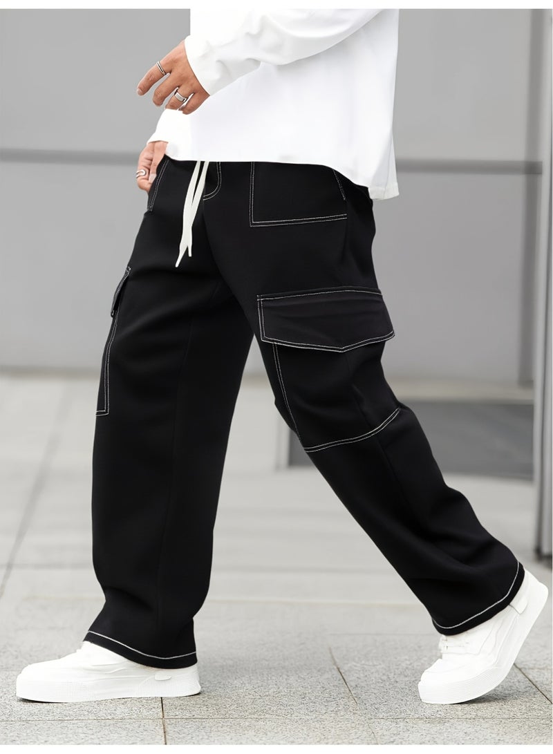 Men's Black Cargo Pants White Contrast Stitch Loose Fit Drawstring Casual Trousers - Image 1