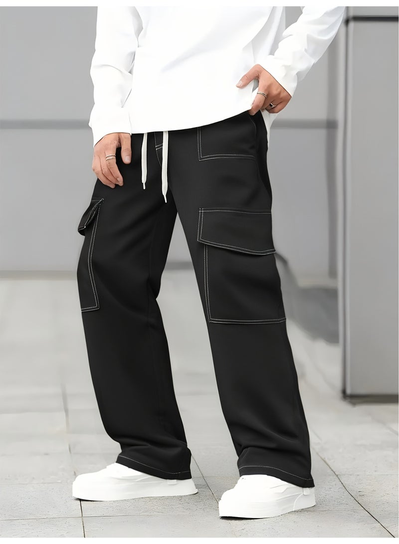 Men's Black Cargo Pants White Contrast Stitch Loose Fit Drawstring Casual Trousers - Image 2