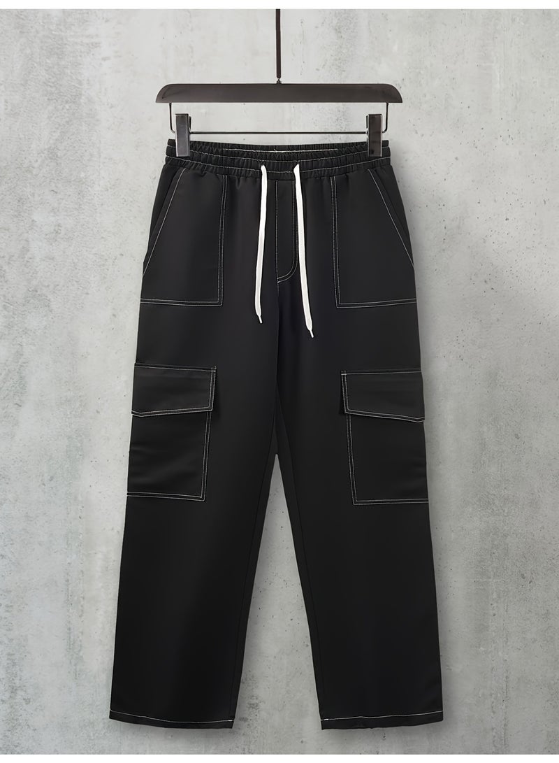 Men's Black Cargo Pants White Contrast Stitch Loose Fit Drawstring Casual Trousers - Image 3