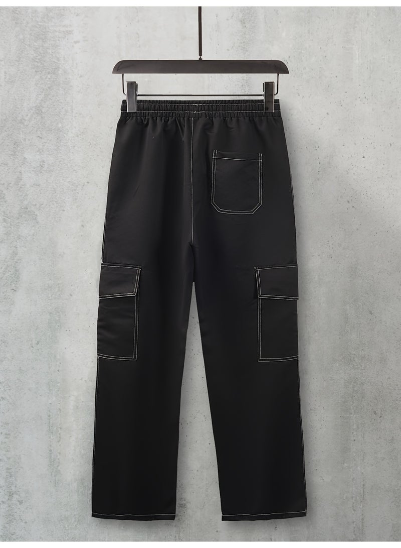 Men's Black Cargo Pants White Contrast Stitch Loose Fit Drawstring Casual Trousers - Image 4
