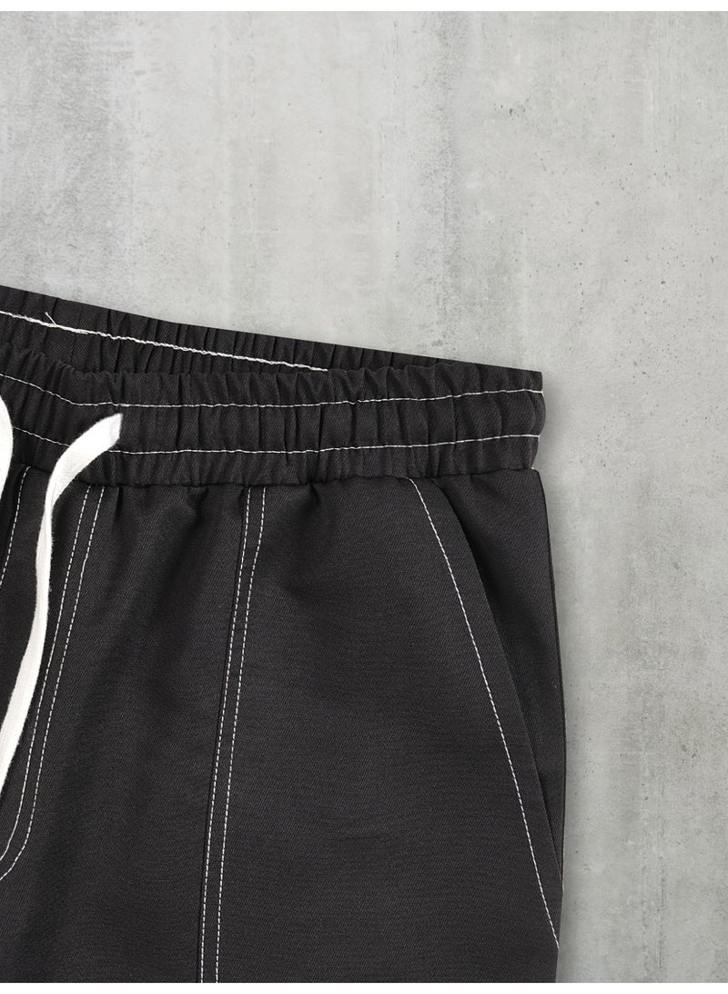 Men's Black Cargo Pants White Contrast Stitch Loose Fit Drawstring Casual Trousers - Image 5