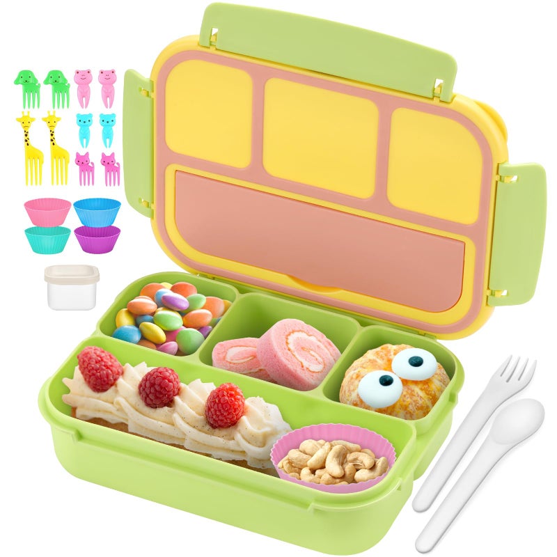 QQKO BENTO BOX للأطفال للبالغين مدرسة غداء المدارس الصغار للبنين فتيات الفتيات حاويات صناديق الغداء مع 4 مقصورات صلصة أواني اختيارات الطعام وأكواب الكعك للمدرسة الوردي الأصفر الأخضر - Image 1