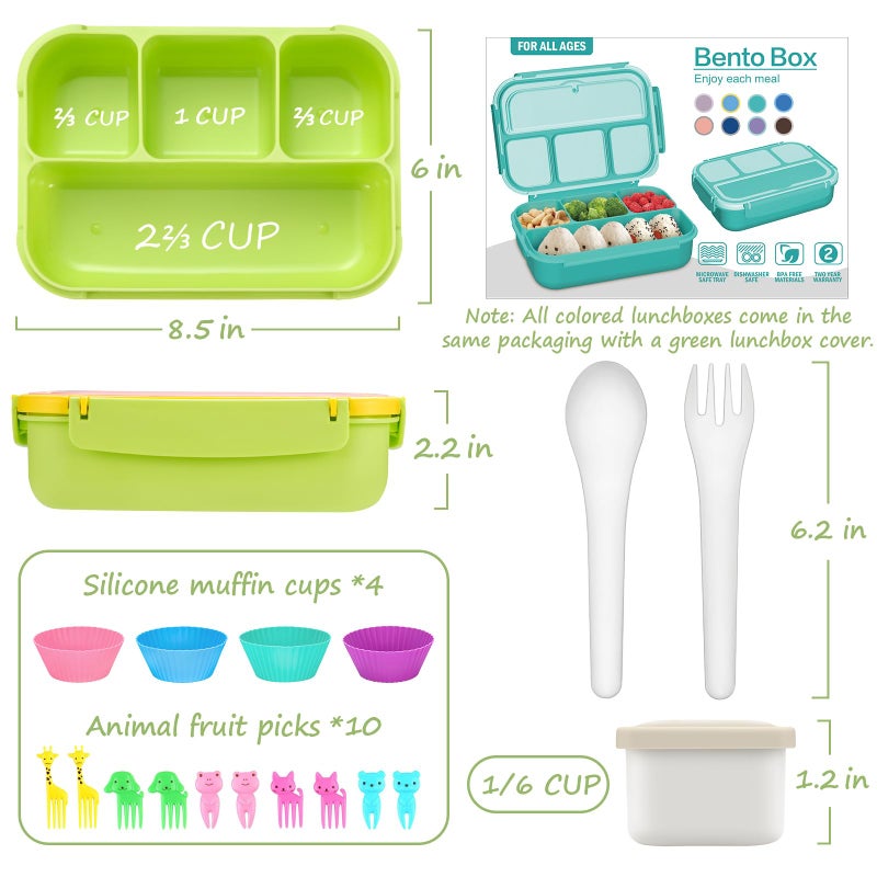 QQKO BENTO BOX للأطفال للبالغين مدرسة غداء المدارس الصغار للبنين فتيات الفتيات حاويات صناديق الغداء مع 4 مقصورات صلصة أواني اختيارات الطعام وأكواب الكعك للمدرسة الوردي الأصفر الأخضر - Image 2