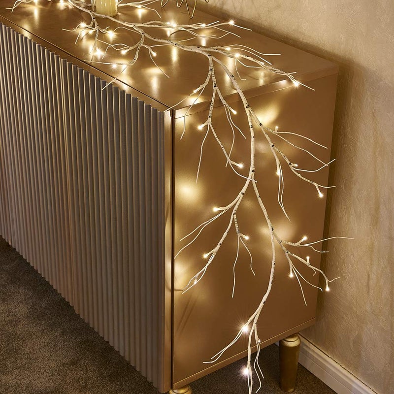 Fudios Lighted Birch Garland Battery Operated with 8 Functions 48 LED Warm White and Multi Color Lights 6FTPre Lit White Vine Garland for Fireplace Mantle Christmas Holiday Decor Indoor Outdoor use