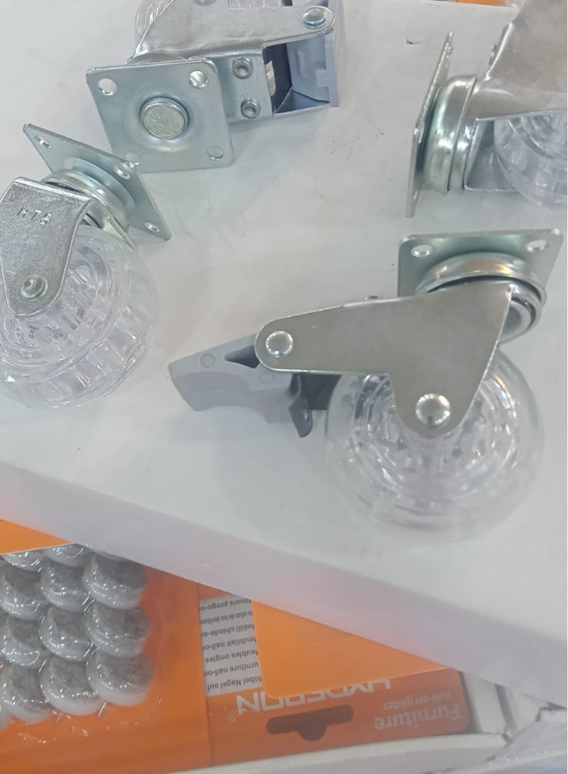 Generic Turkish caster set, transparent color, pivotal, with brakes, consisting of 4 high-quality wheels for offices, tables and all furniture - Image 1