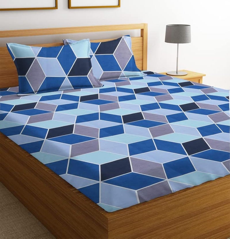 BSB مجموعة BSB HOME Prime 160tc من الألياف الدقيقة القطنية القابلة للتنفس والمضادة للتجاعيد - ملاءة سرير مزدوجة مع 2 غطاء وسادة بحجم كينج - أزرق ورمادي - Image 1