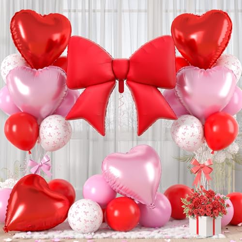 Vibzox Red Bow Foil BalloonsPink Red Heart Foil Balloons and Bow Print Balloons for Women Birthday Baby Shower Valentines Day Party Decorations - Image 1