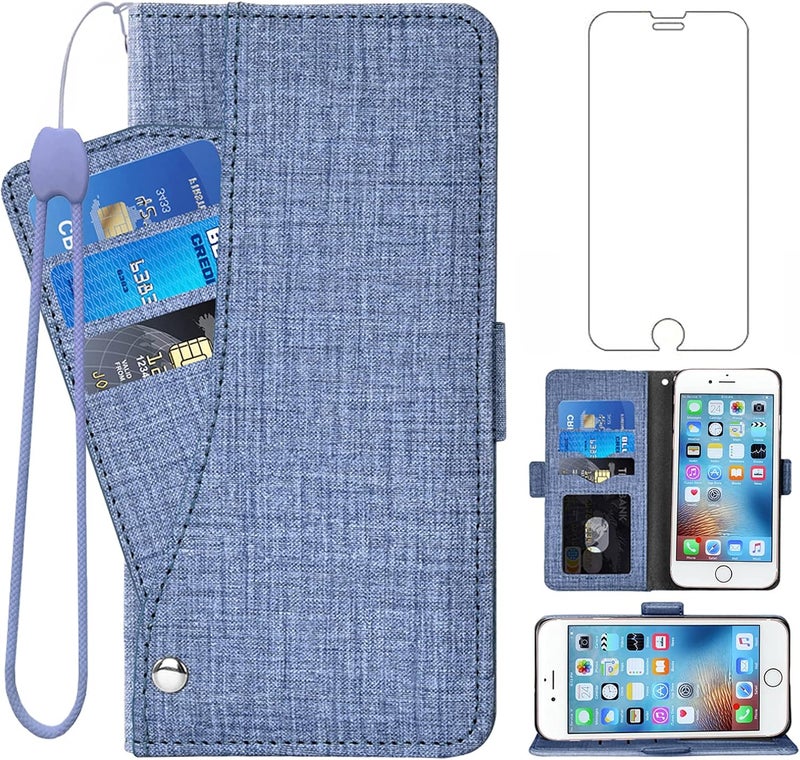 Asuwish Compatible With Iphone 7Plus 8Plus 7/8 Plus Wallet Case Tempered Glass Screen Protector And Flip Cover Card Holder Cell Phone Cases For I Phone7S 7S + 7+ 8S 8+ Phones8 7P 8P Women Men Blue - Image 1