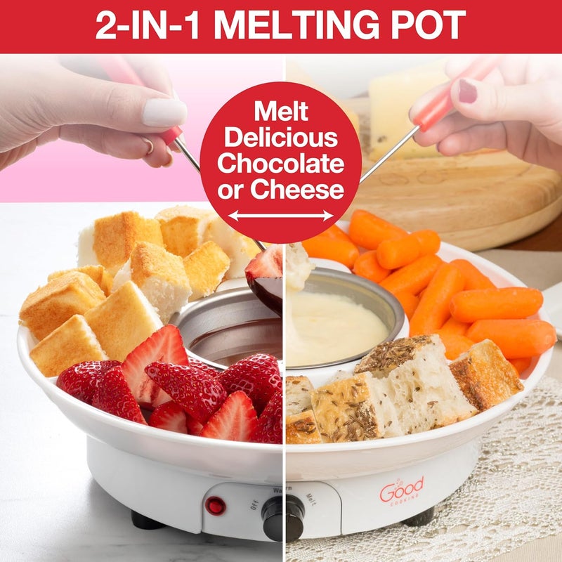 Good Cooking Electric Fondue Maker Deluxe Set w 4 Forks- Removable Serving Tray for Cheese & Chocolate Melting, Warming Setting- Valentines Day Candy Bar Melter, Party Must Have- Appetizers Desserts- Gift for Host - Image 3