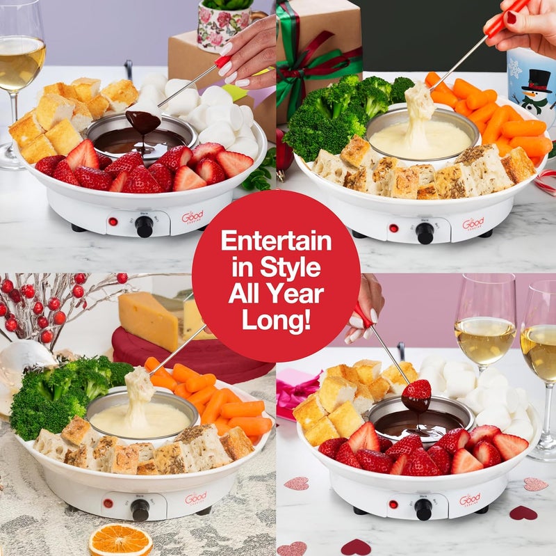 Good Cooking Electric Fondue Maker Deluxe Set w 4 Forks- Removable Serving Tray for Cheese & Chocolate Melting, Warming Setting- Valentines Day Candy Bar Melter, Party Must Have- Appetizers Desserts- Gift for Host - Image 5