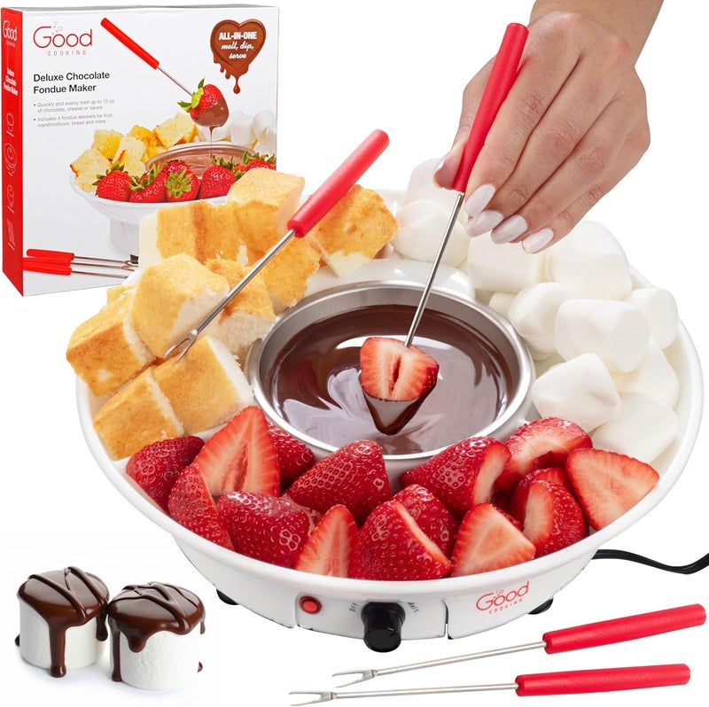 Good Cooking Electric Fondue Maker Deluxe Set w 4 Forks- Removable Serving Tray for Cheese & Chocolate Melting, Warming Setting- Valentines Day Candy Bar Melter, Party Must Have- Appetizers Desserts- Gift for Host - Image 1