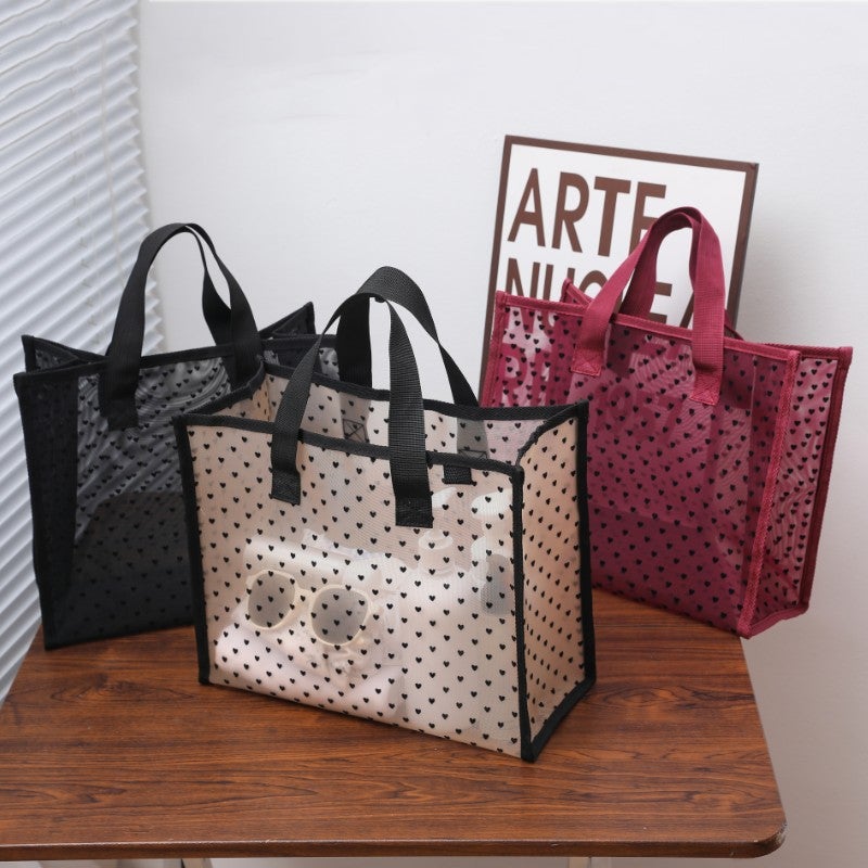 Mesh Flocking Cosmetic Bag Travel Portable Handbag Wash Cosmetics Storage Bag Hand Swimming Bag Beach Bag - Image 2