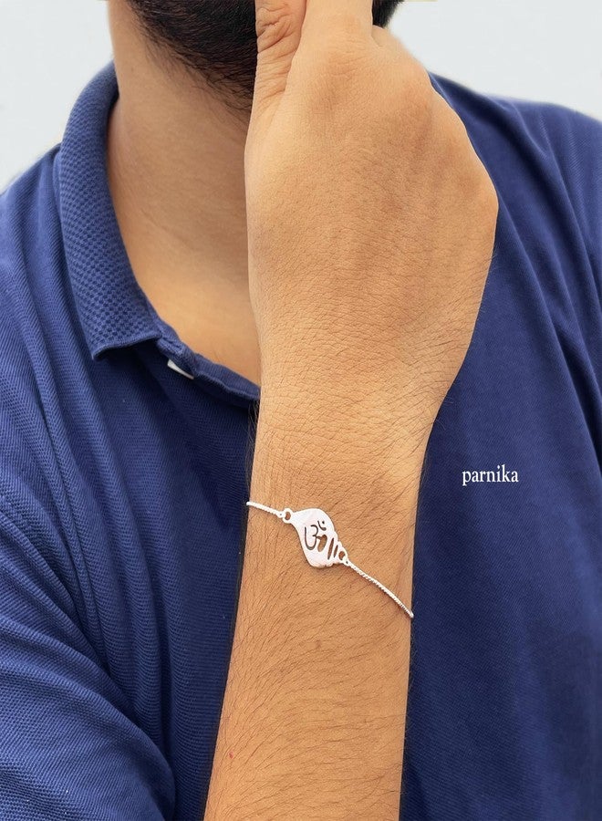 Parnika سوار Parnika 925 Om Ganesha Rudraksha Infinity Bro Shiv Bhai سوار راخي فضي قابل للتعديل للأخ في 92.5 من الفضة الإسترلينية للأولاد والرجال | شاندي كي راخي | علبة هدية رولي تشاوال (أوم في شانخ) - Image 3
