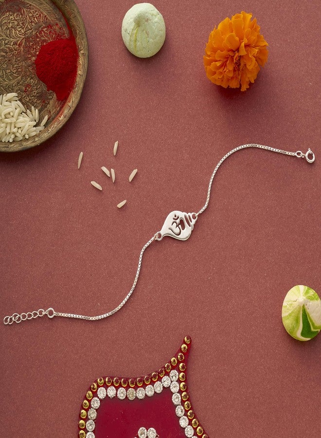 Parnika سوار Parnika 925 Om Ganesha Rudraksha Infinity Bro Shiv Bhai سوار راخي فضي قابل للتعديل للأخ في 92.5 من الفضة الإسترلينية للأولاد والرجال | شاندي كي راخي | علبة هدية رولي تشاوال (أوم في شانخ) - Image 2
