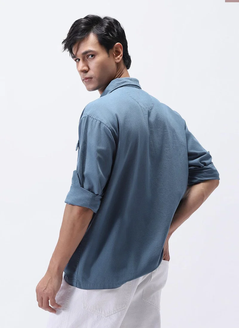 Urbano Fashion  Urbano Fashion Men's Blue Cotton Full Sleeve Relaxed Fit Shacket with Utility Pockets for Men | Best Price UAE