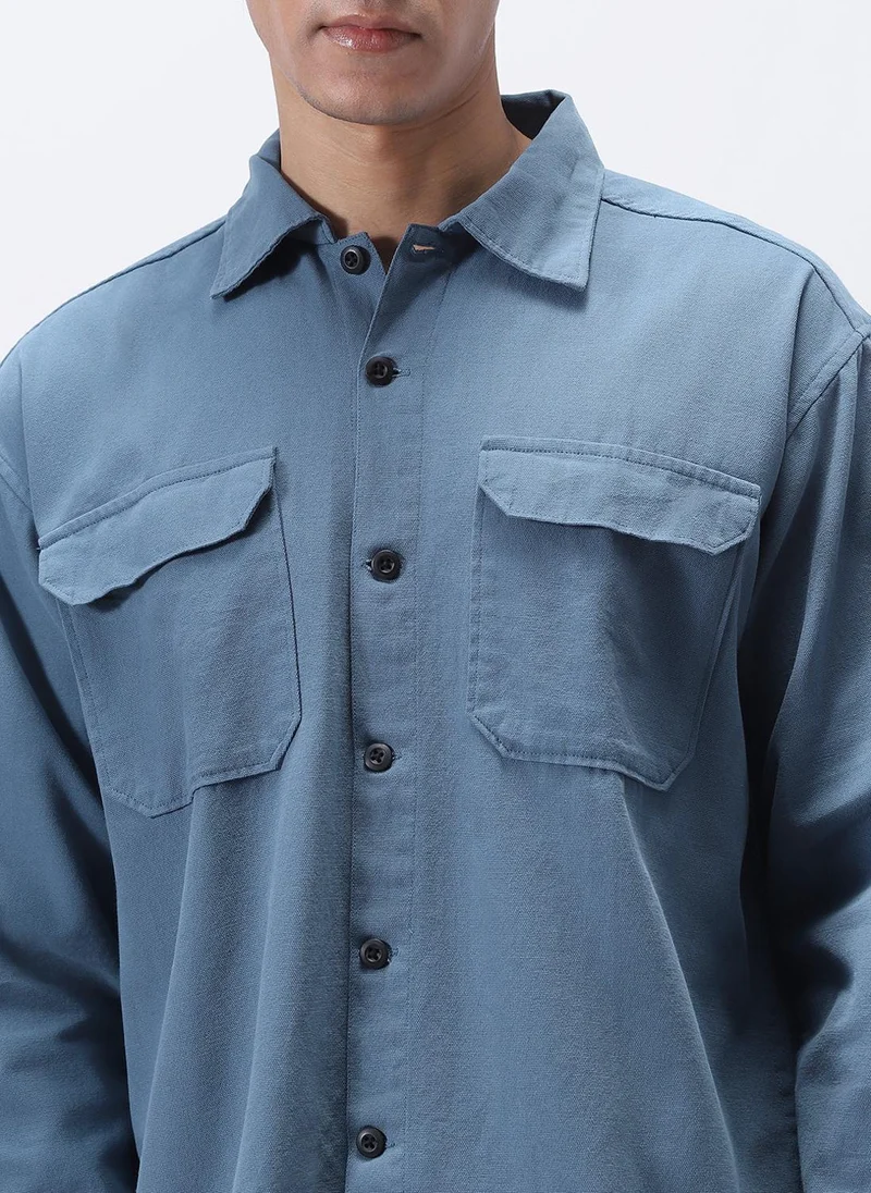 Urbano Fashion  Urbano Fashion Men's Blue Cotton Full Sleeve Relaxed Fit Shacket with Utility Pockets for Men | Best Price UAE