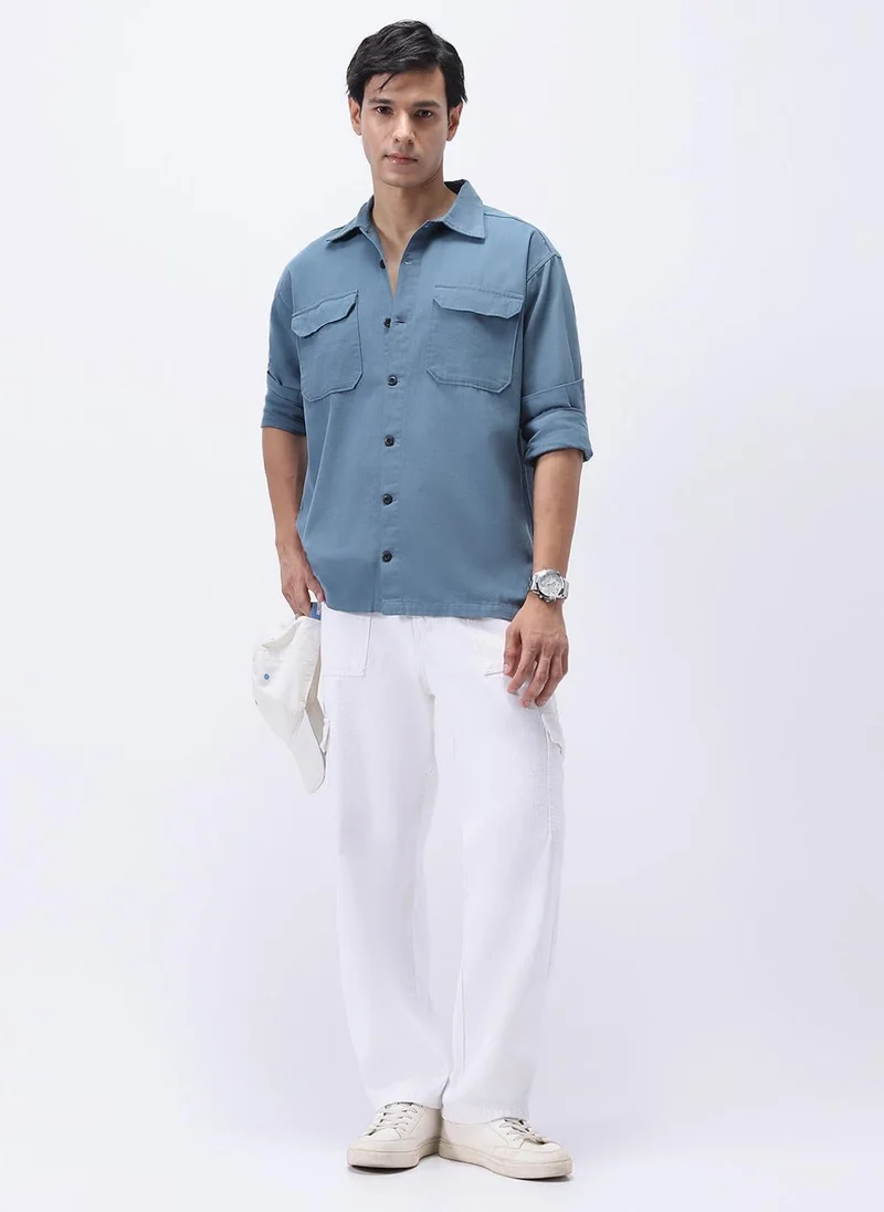 Urbano Fashion  Urbano Fashion Men's Blue Cotton Full Sleeve Relaxed Fit Shacket with Utility Pockets for Men | Best Price UAE