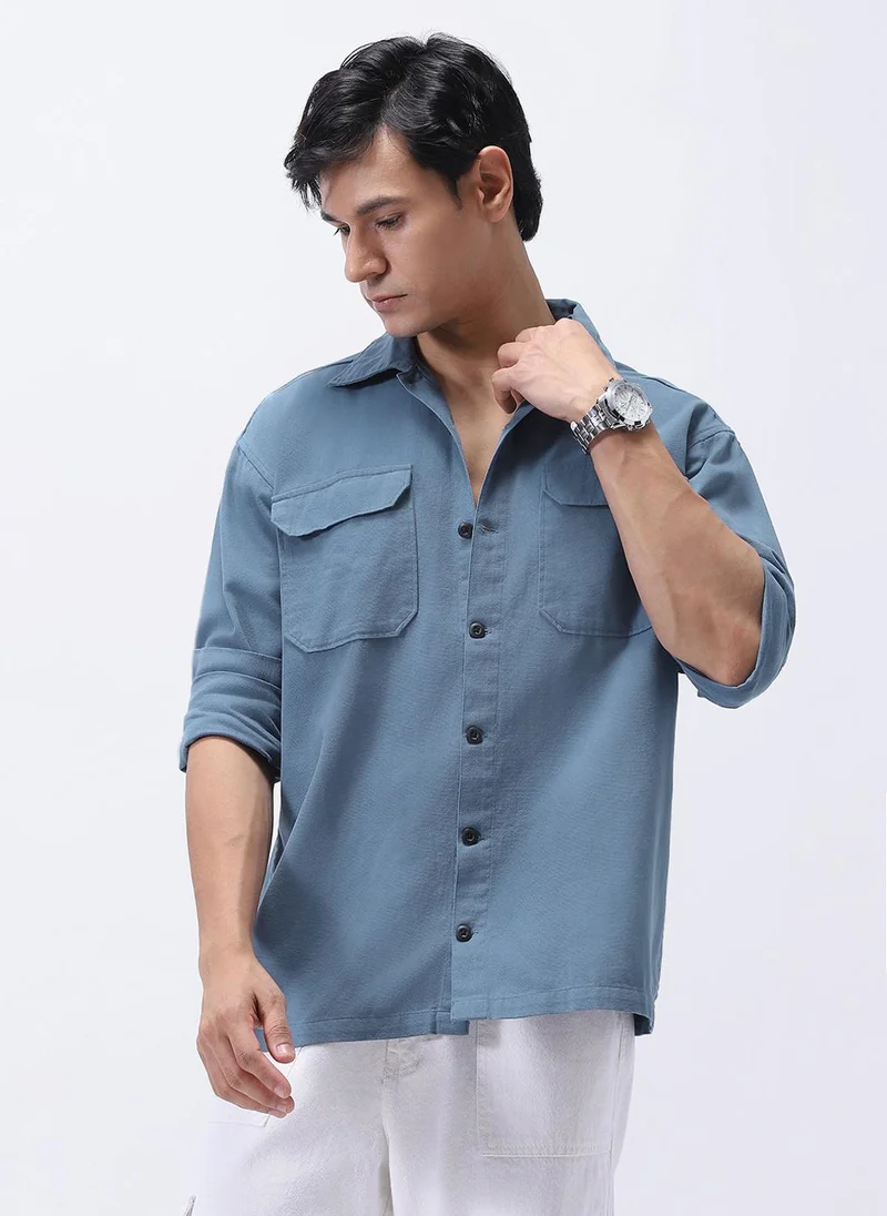 Urbano Fashion  Urbano Fashion Men's Blue Cotton Full Sleeve Relaxed Fit Shacket with Utility Pockets for Men | Best Price UAE