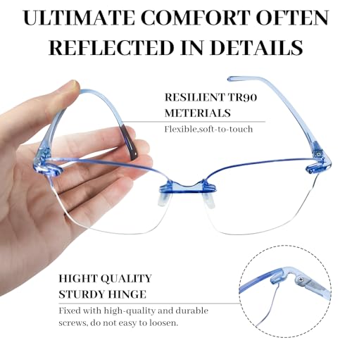LUFF Reading Glasses for Women 1.5-3 Pack Blue Light Blocking Cat Eye Rimless Readers with HD Lenses & Anti-Slip Nose Pads, Lightweight Computer Glasses for Digital Eye Strain - Image 4