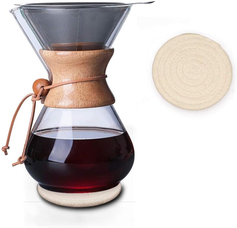 QLESHINING Wood Neck Pour Over Coffee Maker with Reusable Stainless Steel Filter and Coaster Pad, 400 ml Borosilicate Glass Coffee Carafe, Wooden Collar, Coffee Dripper Brewer, Hold 2 Cups - Image 1