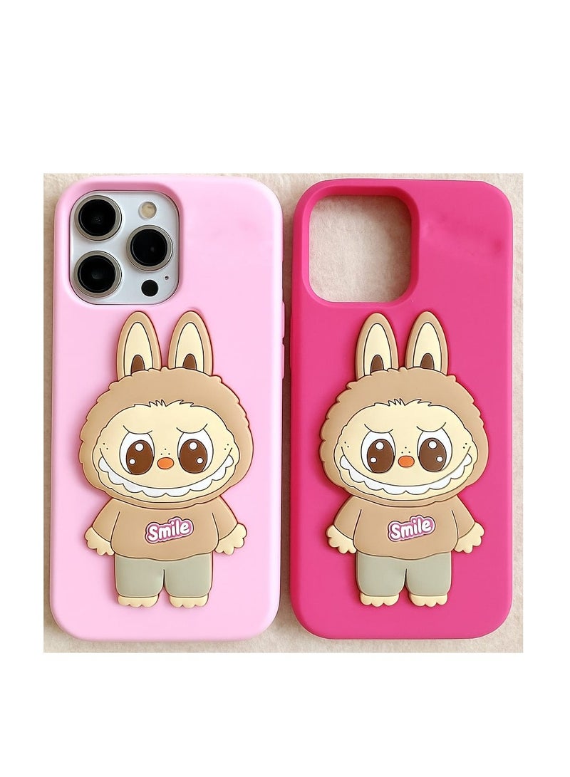 كايس كلوب غطاء سيليكون ثلاثي الأبعاد لطيف لشخصية لابوبو من قطعتين لهاتف آيفون 14 برو - هودي أرنب من سلسلة "ابتسامة" (وردي فاتح / وردي فاقع) - Image 1
