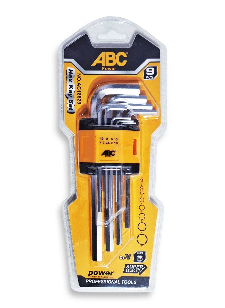 ABC Hex Key  Set 9-piece multi-size, made of high-quality Cr-V steel, durable and corrosion-resistant, L-shaped design provides strong torque and better control in tight spaces, for disassembling and assembling furniture, bicycles, industrial equipment and electronics, for industrial and home use  - Image 1