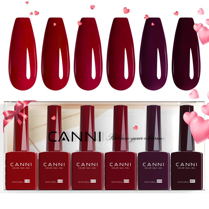 Canni مجموعة طلاء أظافر جل كاني 6 ألوان 9 مل خالية من الهيمو، لون أحمر داكن، لون كرز عميق، لون بورجوندي، مجموعة لون نبيذ أحمر، مجموعة طلاء أظافر جل LED قابلة للنقع، مجموعة مانكير منزلية هدايا صالون - Image 1