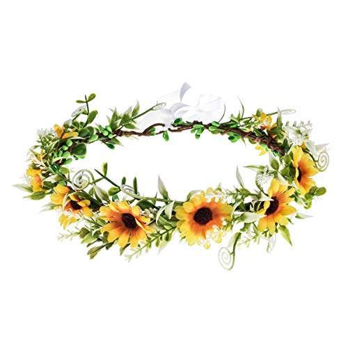 DDazzling Green Leaf Floral Crown Eucalyptus Flower Women Girls Headband Flower Headpiece Bridal Halo Photo Prop (Sunflower Yellow) - Image 1