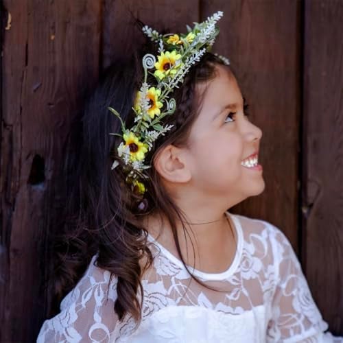DDazzling Green Leaf Floral Crown Eucalyptus Flower Women Girls Headband Flower Headpiece Bridal Halo Photo Prop (Sunflower Yellow) - Image 5
