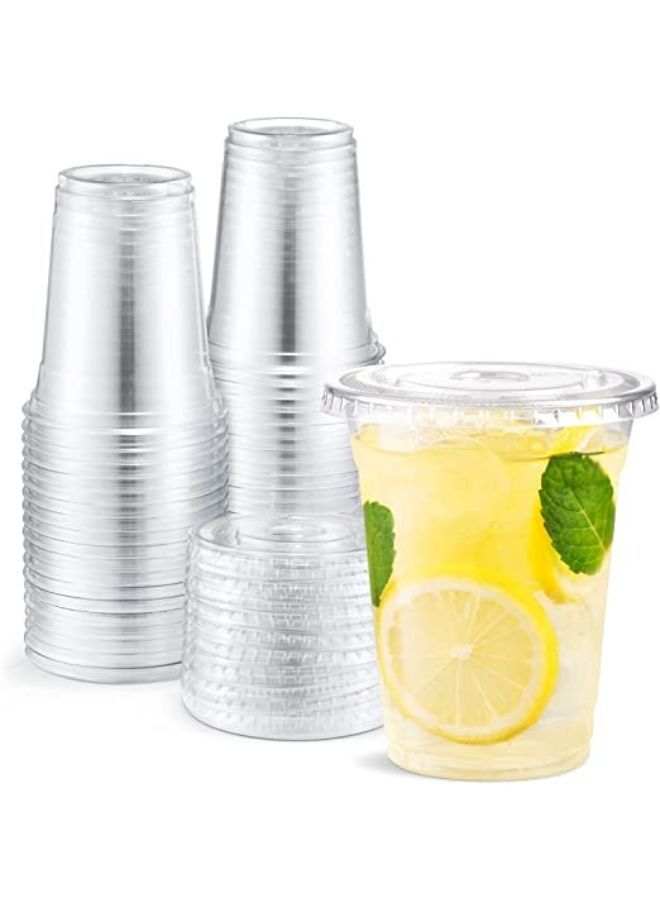 BSOFT 12 oz Plastic Juice Cups with Lids 100 Sets Clear Disposable Plastic Party Cups with Flat Lids to Go, Cold Drink Cups, Smoothie Cups, Milkshake Cups - Image 1