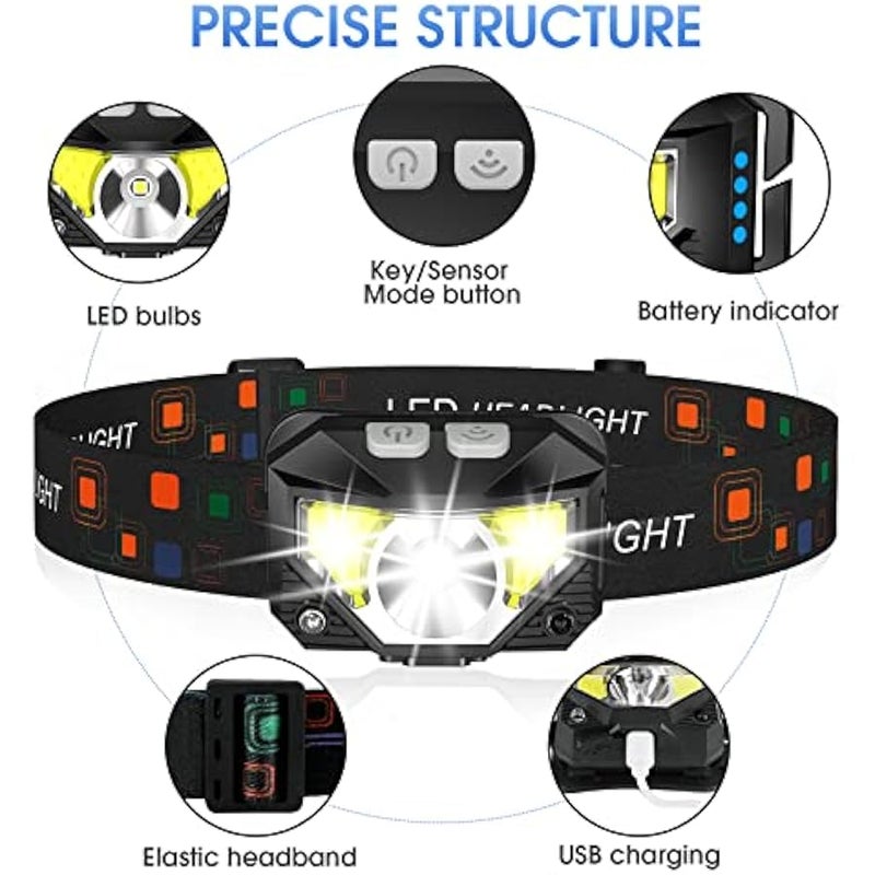 Headlamp Flashlight, 1200 Lumen Ultra-Light Bright LED Rechargeable Headlight with White Red Light,2-Pack Waterproof Motion Sensor Head Lamp,8 Mode for Outdoor Camping Running Hiking Fishing - Image 2