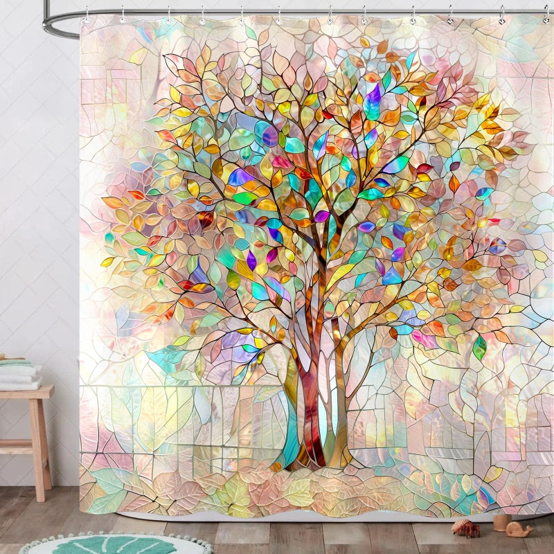 Kanuyee Tree of Life Shower Curtain Stained Glass Shower Curtain Art Shower Curtains for Bathroom Colorful Shower Curtain Set with 12 Hooks Tree-01 72Ã—72 Inches - Image 2