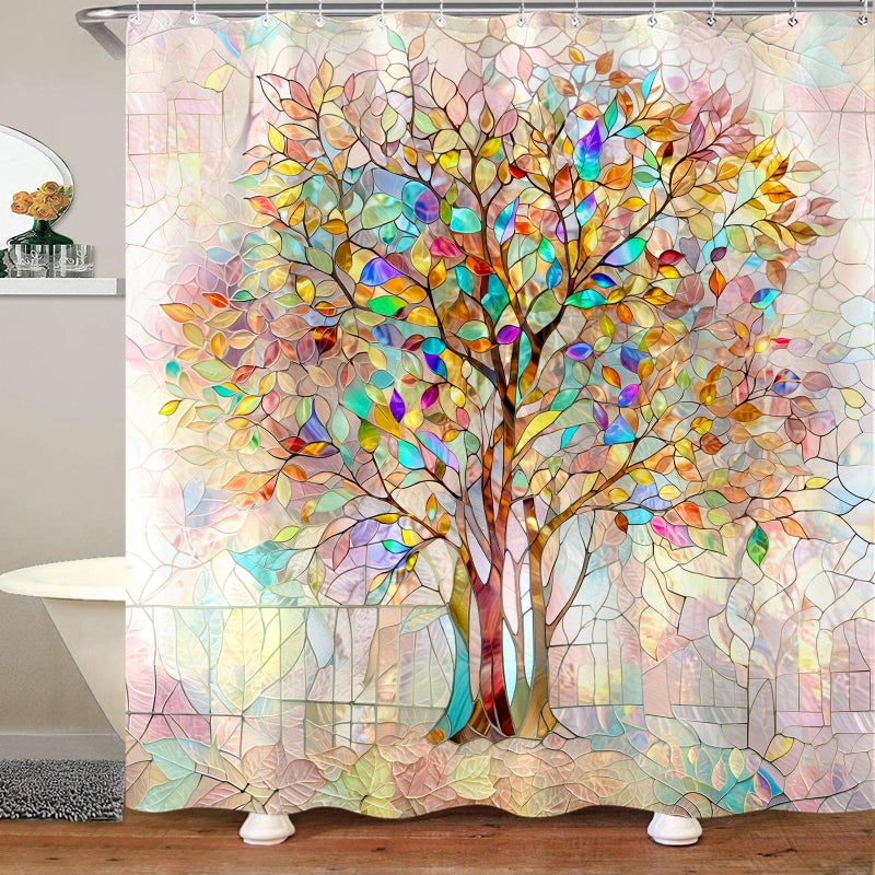 Kanuyee Tree of Life Shower Curtain Stained Glass Shower Curtain Art Shower Curtains for Bathroom Colorful Shower Curtain Set with 12 Hooks Tree-01 72Ã—72 Inches - Image 1
