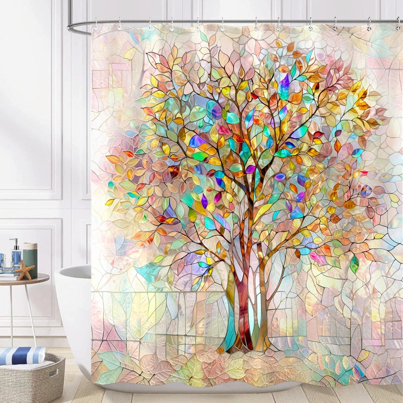 Kanuyee Tree of Life Shower Curtain Stained Glass Shower Curtain Art Shower Curtains for Bathroom Colorful Shower Curtain Set with 12 Hooks Tree-01 72Ã—72 Inches - Image 4